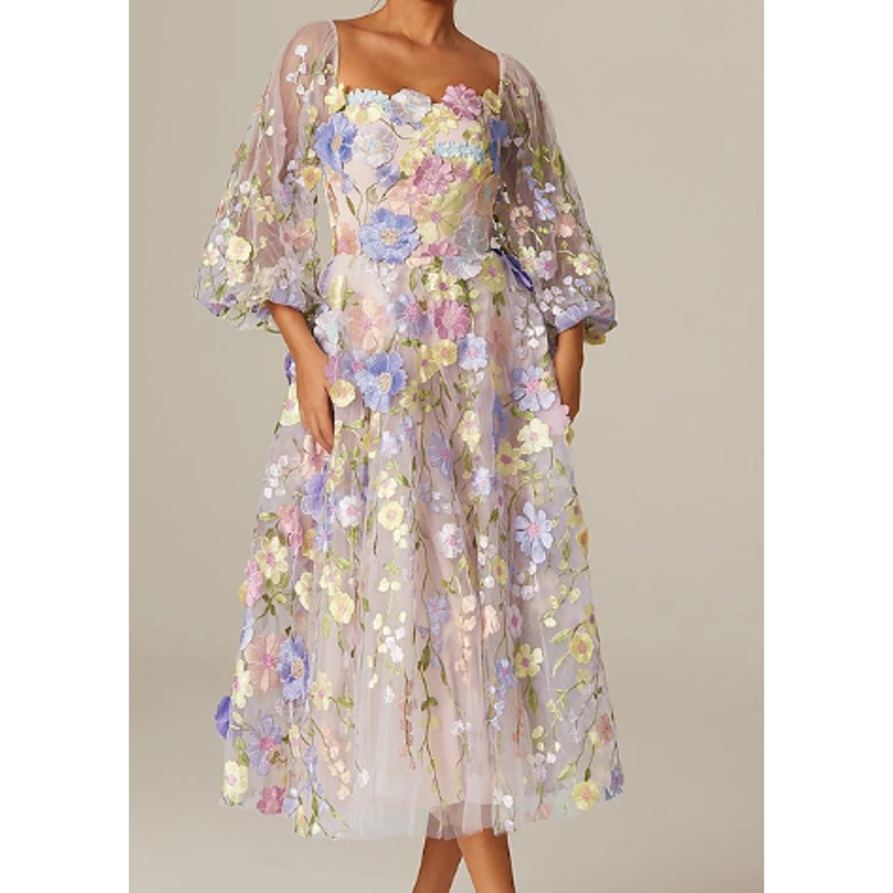 AW BRIDAL 14 1x Plus Pink 3D Floral Embroidered Catharine Midi Dress NEW